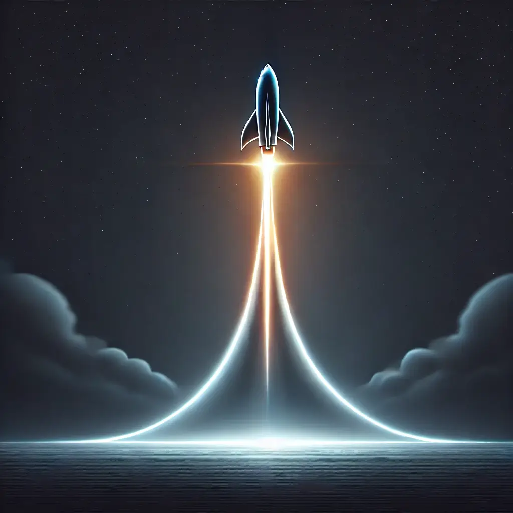 A sleek futuristic rocket launching into the dark sky with a glowing trail, symbolizing innovation and new beginnings.